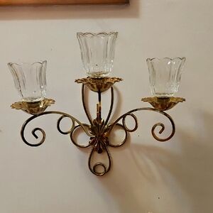 Vintage Brass Gold Wall Mount Candelabra Sconce Floral 3 Arm Candle Holder